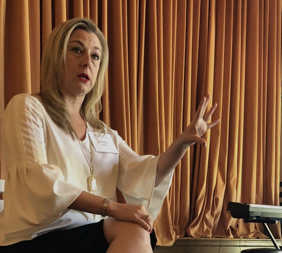 Kendra Horn speaks to the student body during lunch about women in politics. She is running to be the representative of Oklahomas Fifth Congressional District. 