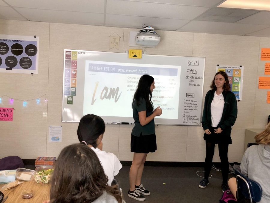 Seniors Sammy Raucher and Livia Blum lead the first meeting of the I Am Club. The organization meets every Monday at lunch and strives to foster conversations about feminism. 