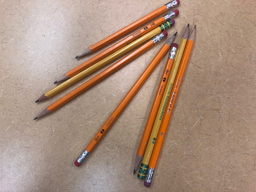 A pile of number two pencils sits on a desk. Students were required to use these pencils when taking the practice ACT on Saturday. 