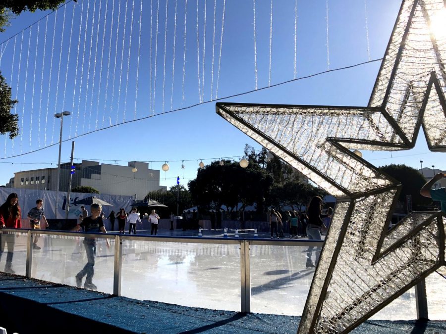 At Santa Monicas Ice, ice skaters skate around a rink. This rink is available during the wintertime, and opened up on Nov. 3, 2018.