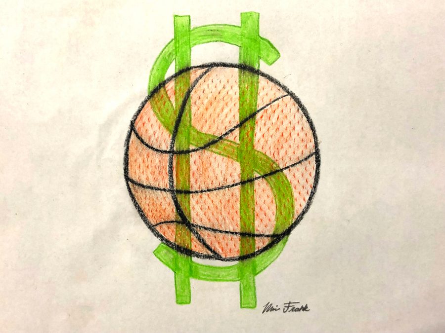 Drawing+of+a+basketball+and+dollar+sign+by+student-artist+and+sophomore+Mia+Frank.+The+NCAA+President%2C+Mark+Emmert%2C+has+continually+rejected+the+idea+of+compensating+college+student-athletes+reasoning+that+paying+basketball+and+football+players+would+force+schools+to+eliminate+other+sports.