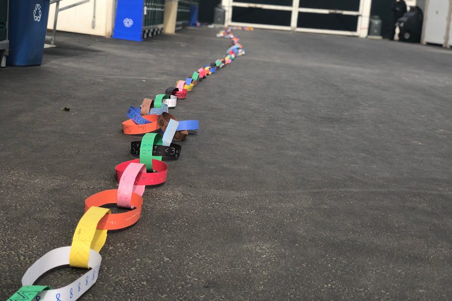 For the Pi day festivities, math students decorated each link of a paper chain with a digit of Pi. In addition to creating the chain, students participated in scavenger hunts and fundraisers related to math.