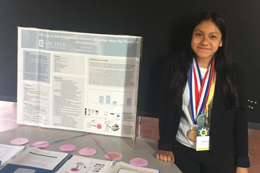 Karen+Garcia+23+brought+her+project+to+the+Archer+STEM+Symposium+after+winning+the+California+State+Science+Fair.+She+researched+the+presence+of+microplastics+in+salt.+