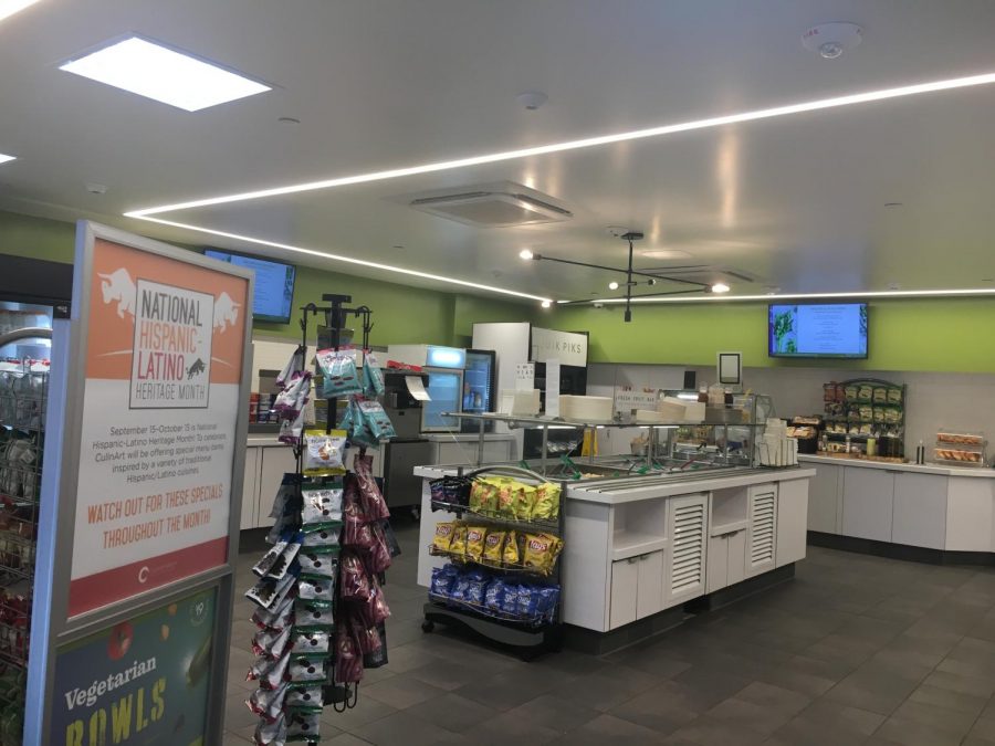 The servery features hot food options, salad, soup, frozen yogurt, snacks, breakfast, drinks and a grab-and-go section. 