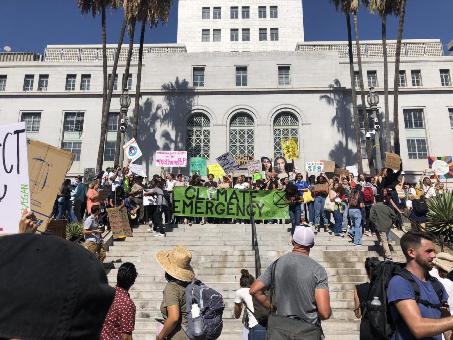 Students gather in front of Los Angeles City Hall in protest climate change. The Climate Strike took place on Sept. 20. 