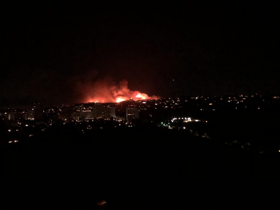 The Getty Fire burns over a hill in the early hours of Monday, Oct. 28. Because of the fire, Archer remained closed for four days. 
