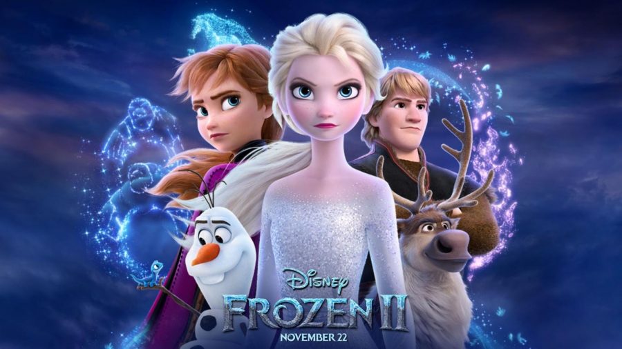 The promotional image for Frozen 2. In the sequel to Frozen, Elsa, Anna, Kristoff, Olaf and Sven travel to an ancient, enchanted forest to find the origin of Elsas powers and save their kingdom.