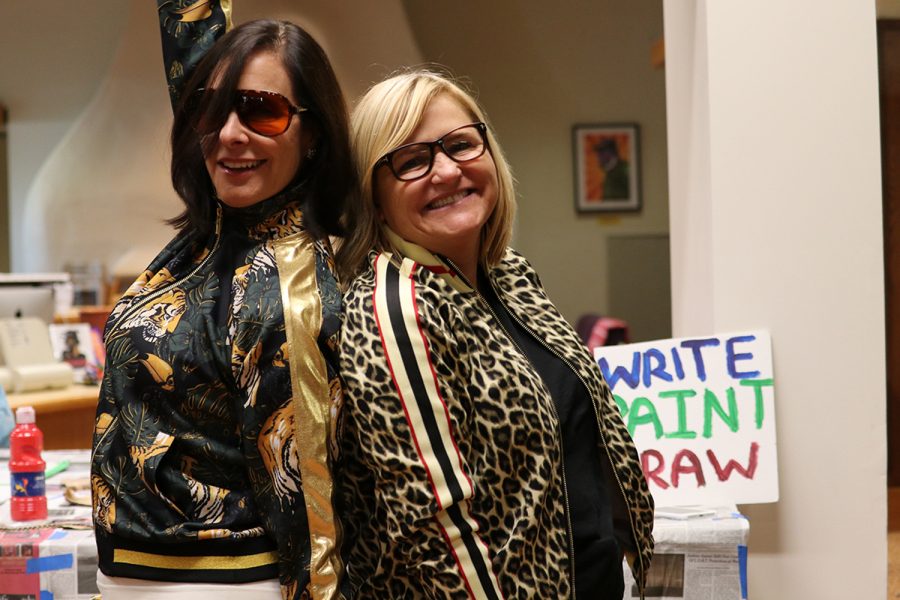 Ferocious Friday: As part of a new tradition created by English teachers Brian Wogensen and Wendy Deming, Head of School Elizabeth English and Associate Head of School Karen Pavliscak sport ferocious tiger and leopard print track suits. 