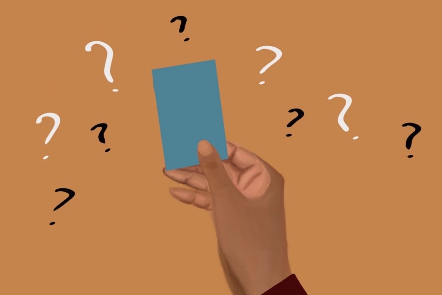 An artistic illustration by senior Leslie Castaneda. The illustration depicts a person of color holding a literal card surrounded by many question marks, symbolizing how senior Celeste Ramirez grapples with the concept of a race card in this column. 