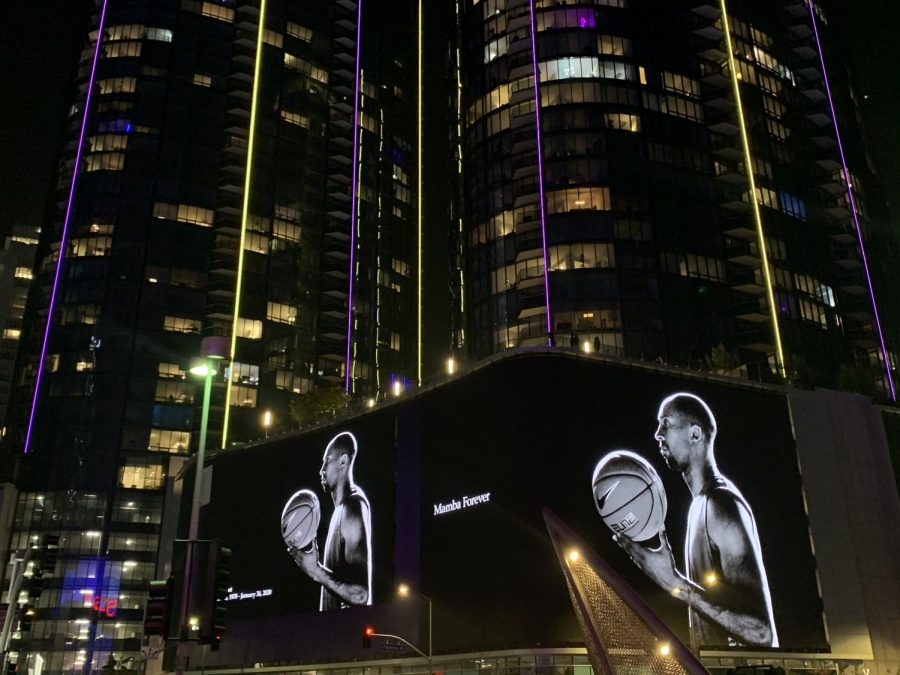 A screen across the street from the Staples Center on Sunday, Jan. 26 paid tribute to NBA star Kobe Bryant. Bryant, along with his 13 year old daughter and seven others were killed in a helicopter crash. 