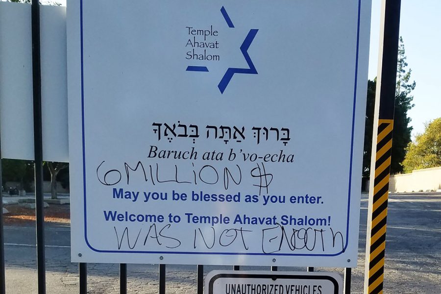 On Temple Ahavat Shaloms welcome sign, the phrase 6 million $ was not enough was written in all capital letters. 