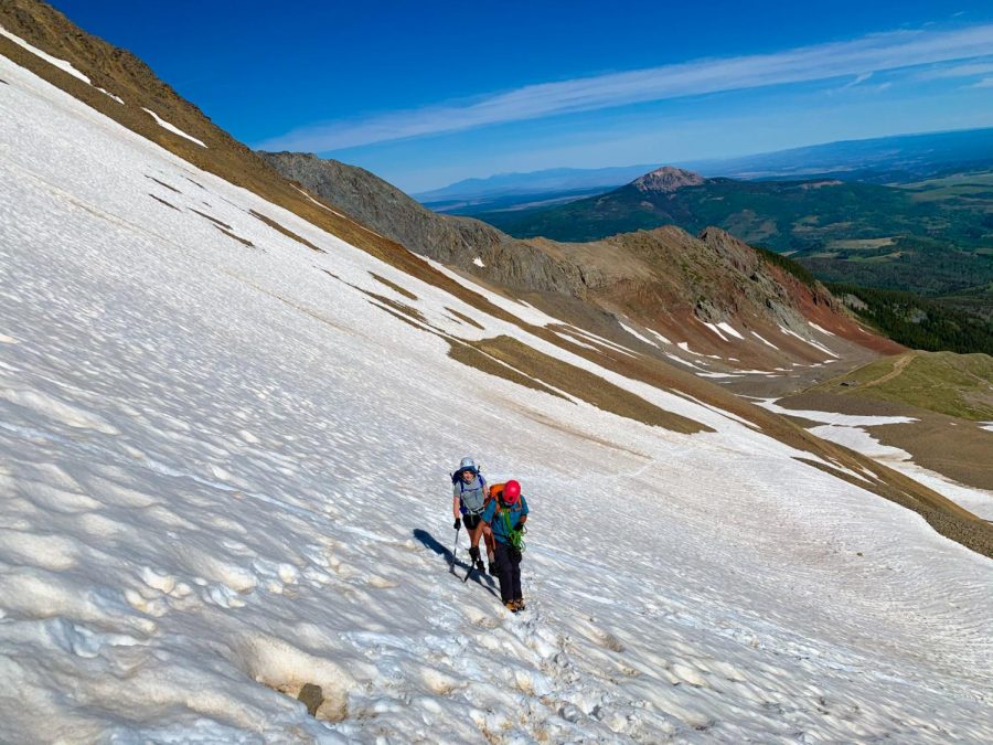 Junior Lauren Robson uses crampons to hike up the snow on Wilson Peak in Colorado. Robson and her dad reached an elevation of 14,016 feet on this summit. 