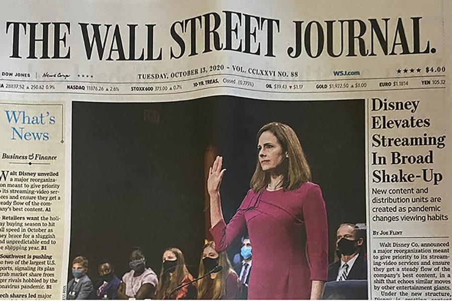 The Wall Street Journal cover page of Amy Coney Barretts SCOTUS confirmation hearing. The Wall Street Journal is owned by Robert Murdoch, who also owns The New York Post and The Times of London and was the previous CEO of Fox News. 