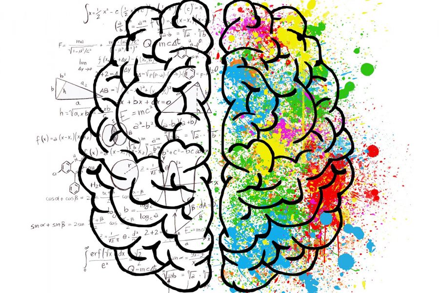 This image is of a divided mind. The left half is grey and filled with equations and numbers whereas the right half is covered in vivid splashes of colors representing the division between a mixed person’s identity. 