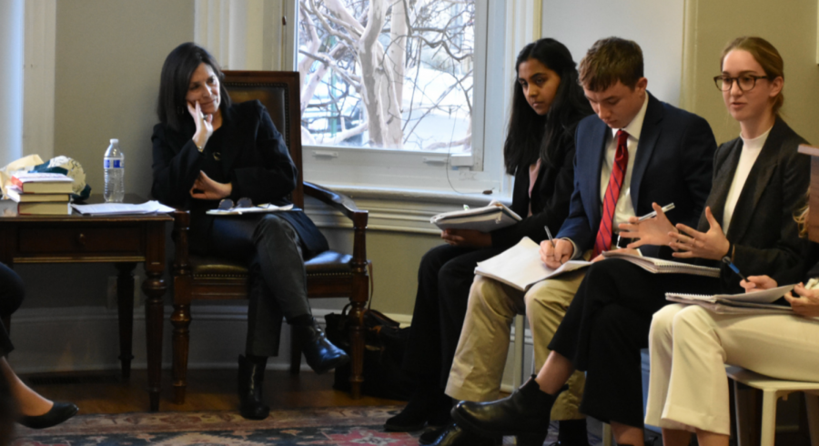 Senior Billi Newmyer speaks at a meeting with Lissa Muscatine (Hillary Clintons head speechwriter) last spring in D.C. at the School for Ethics and Global Leadership. Newmyer said she was able to engage in conversation with crazy people who she would never get to talk to before.