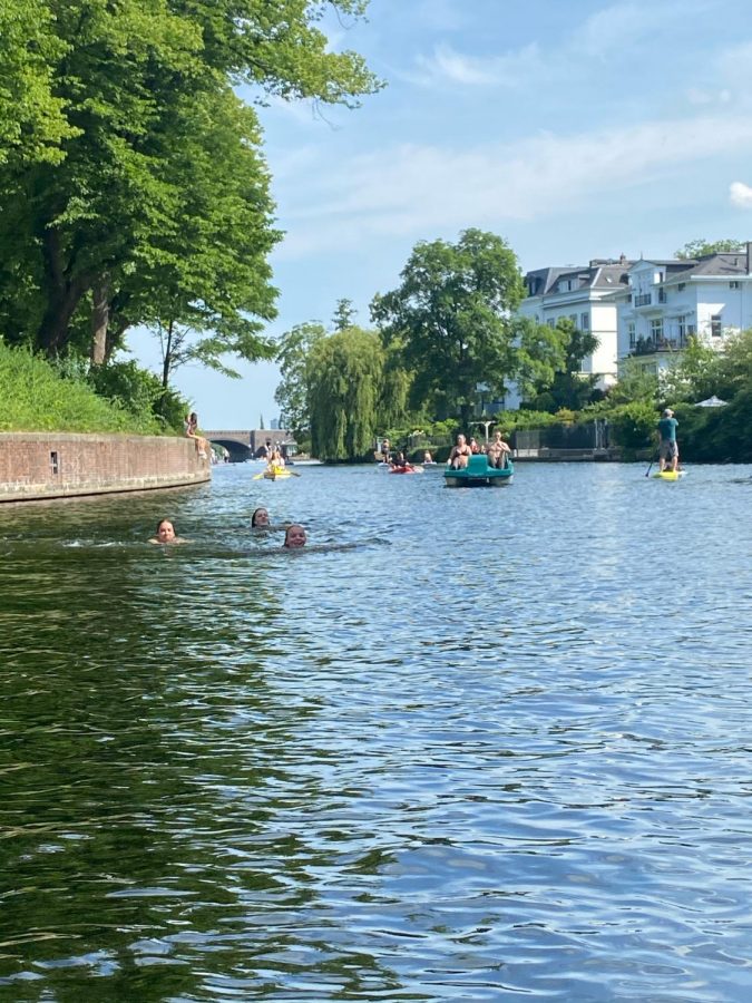 Oetker and friends jump into the river on a hot summer day. Hamburg is built around a river which is something that teenagers use to their advantage. It’s such a fun way to meet up with people and cool off when needed, Oetker said.