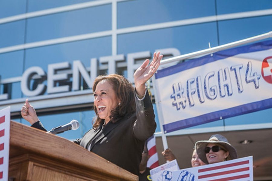 Senator Kamala Harris speaks at a health care rally in 2017. Anyone who claims to be a leader must speak like a leader. That means speaking with integrity and truth, Harris said in an Instagram post. 