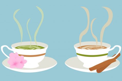 The left cup, filled with matcha, and the right cup, filled with chai tea, steaming before being enjoyed. Although Chloe and Grace often bicker about which drink is superior, they have finally found common ground and can agree that both are valid ways to enjoy morning-time. 