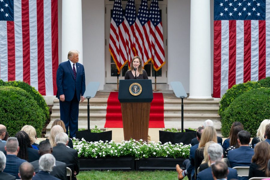 Amy Coney Barrett addresses the crowd after President Donald Trump announced his nomination of her for a Supreme Court Justice. The nomination event took place at the White House.