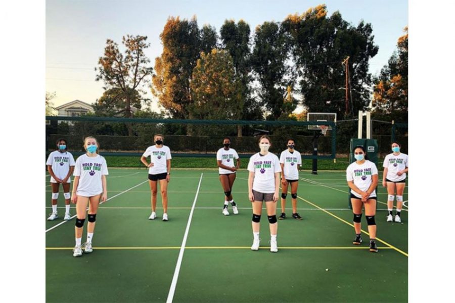 The+volleyball+team+wears+masks+to+practice+on+campus+to+maintain+COVID-19+guidelines.+Both+the+upper+school+volleyball+and+cross+country+teams+have+the+opportunity+to+practice+on+campus+as+they+started+on+Nov.+8+with+their+COVID-19+friendly+training.+