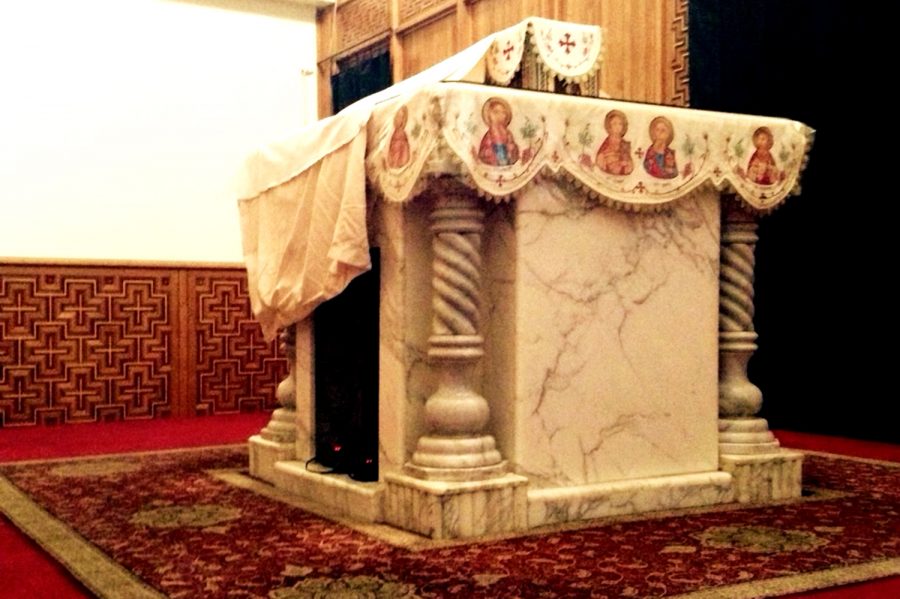 A marble alter sits at the front of a Coptic Orthodox church which is used in the Coptic faith. Every week, communion and the oil is prepared for the congregation and liturgies are performed within this room. This is considered one of the most sacred places in the entire church and has many restrictions upon entering.