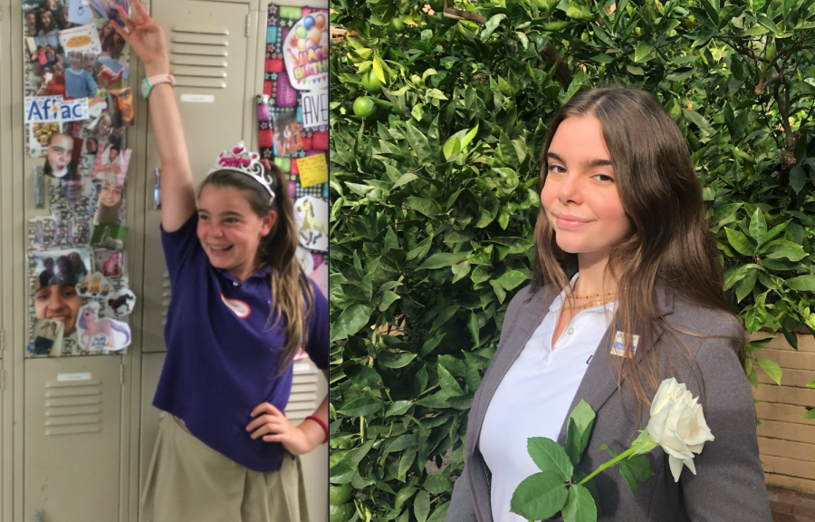 Graduating Editor-in-Chief Lola Lamberg stands in front of her locker in sixth grade (left) and poses for a photo in her senior blazer (right). There is a six year difference externally and internally between these two images, all thanks to Archer and the Oracle.