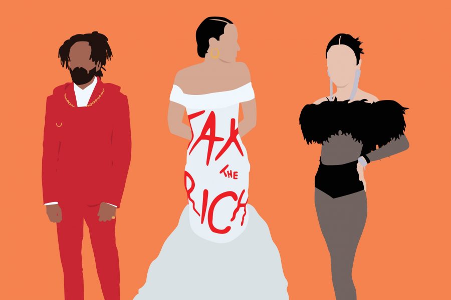 Pictured in the middle is Alexandria Ocasio-Cortez wearing a dress with the print reading, Tax the Rich, to the right is Kendall Jenner, and on the left is Kerby Jean Raymond. This years Met Gala highlighted the importance of using your voice to promote change. 