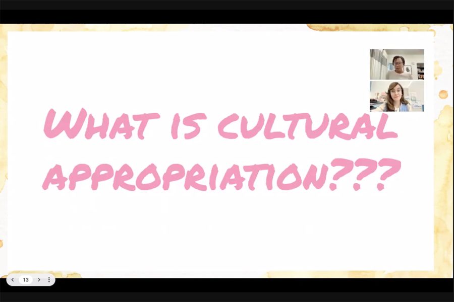 Dean+of+Student+Life%2C+Equity+and+Inclusion+Samantha+Hazell-OBrien+and+Diversity%2C+Equity+and+Inclusion+Resource+Coordinator+Elana+Goldbaum+present+a+video+to+Upper+School+students+regarding+costume+selection+and+cultural+appropriation.+Middle+School+students+watched+the+video+on+Oct.+19.