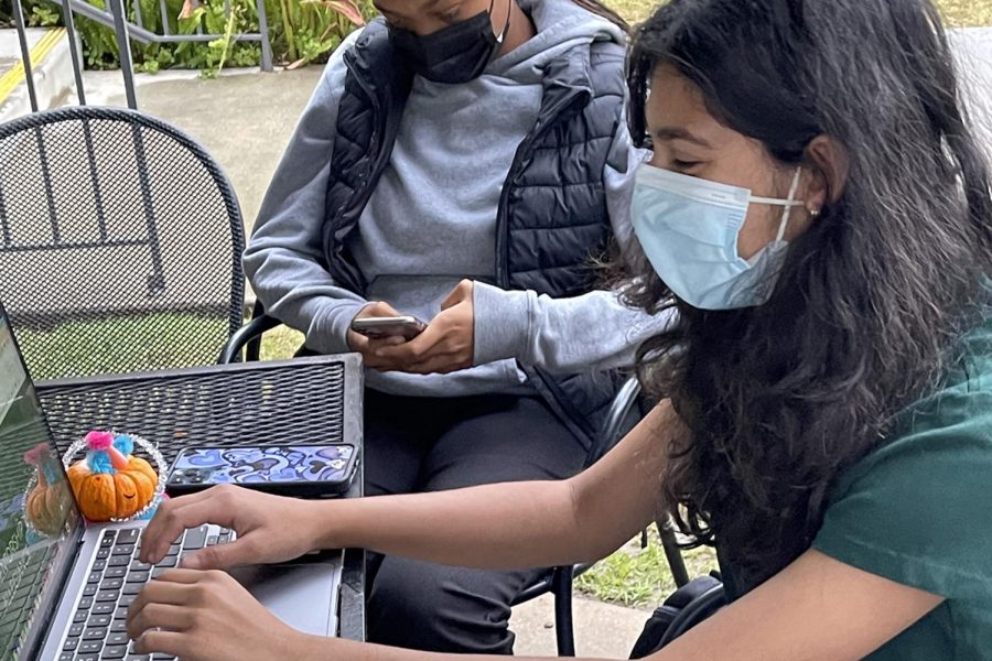 Meera Mahidhara works on her tutoring organizations, Mentorship Allegiance, website in the courtyard. She has four years of tutoring experience and created her own site in 2021.