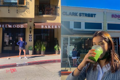The left image shows Rose Sarner posing in front of Belwood Bakery in the cul de sac across from Archer where customers can order food from an outside widow. The right image shows Greta Irvine drinking an iced matcha in front of the storefront of Clark Street, a new addition to Brentwood that offers indoor and outdoor seating. 
