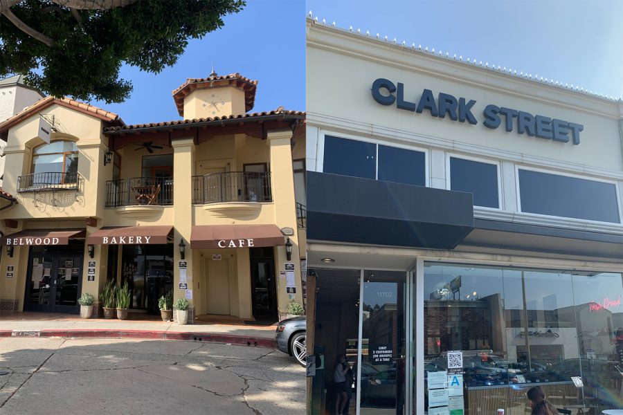 The left image shows Belwood Bakery in the cul de sac across from Archer where customers can order food from an outside widow. The right image shows the storefront of Clark Street, a new addition to Brentwood that offers indoor and outdoor seating. 