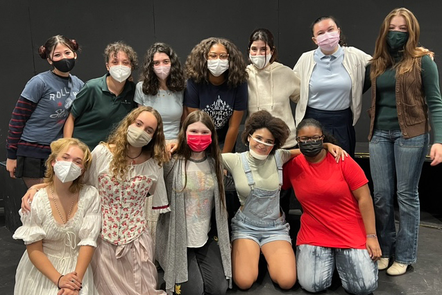 The Drama Queens, sophomore, junior and senior advanced theater students, pose for a picture after their first show of the 2021-2022 school year. From left to right: Lucy Lassman (23), Marin Terry (23), Zoe Bush (22), Anaiya Asomugha (24), Louisa Lou Michaelson (24), Grace Delossa (23), Mia Ronn (23), Remi Cannon (24), Azel Al-Kadiri (23), Guinevere Hesse (24), Glory Chase (22) and Justine Moore (22).