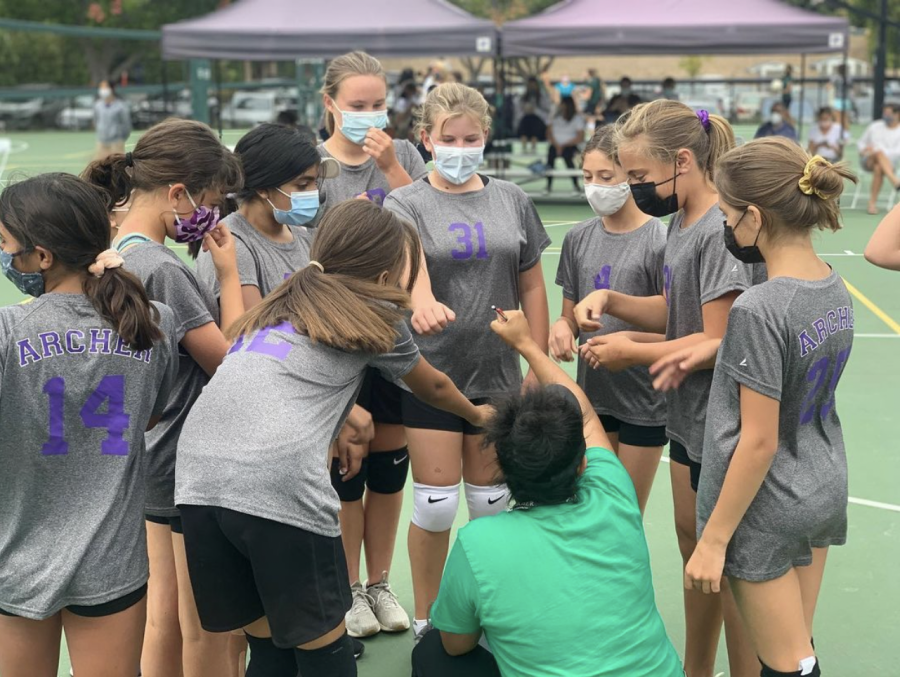 The sixth grade team huddles during one of their home games. When sixth grader Caroline Banabin had to discibe her excpienshe she said it was awesome. Because everyone on the team is really nice and really fun. And the coach is really nice and practices are really fun. Benebib said.