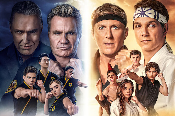 This poster depicts the Cobra Kai team (left) and the combined Miyagi-Do and Eagle Fang team (right). The fourth season was announced on Dec. 2, 2021 with this promotional poster and was released on Dec. 31.