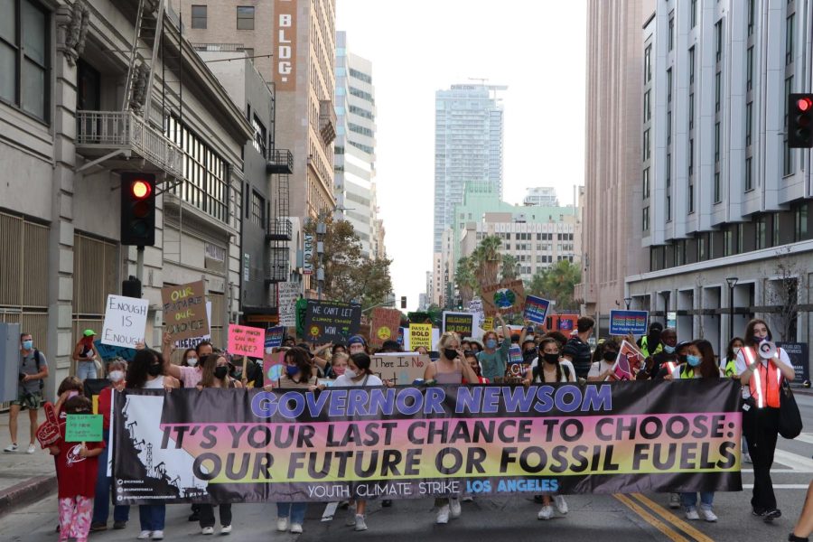Climate-action youth advocates gather in downtown Los Angeles for the Youth Climate Strike Los Angeles 24- Hour Strike on Sept. 24-25, 2021. Multiple activities took place around Los Angeles demanding Governor Gavin Newsom to pass measures to help save the climate.