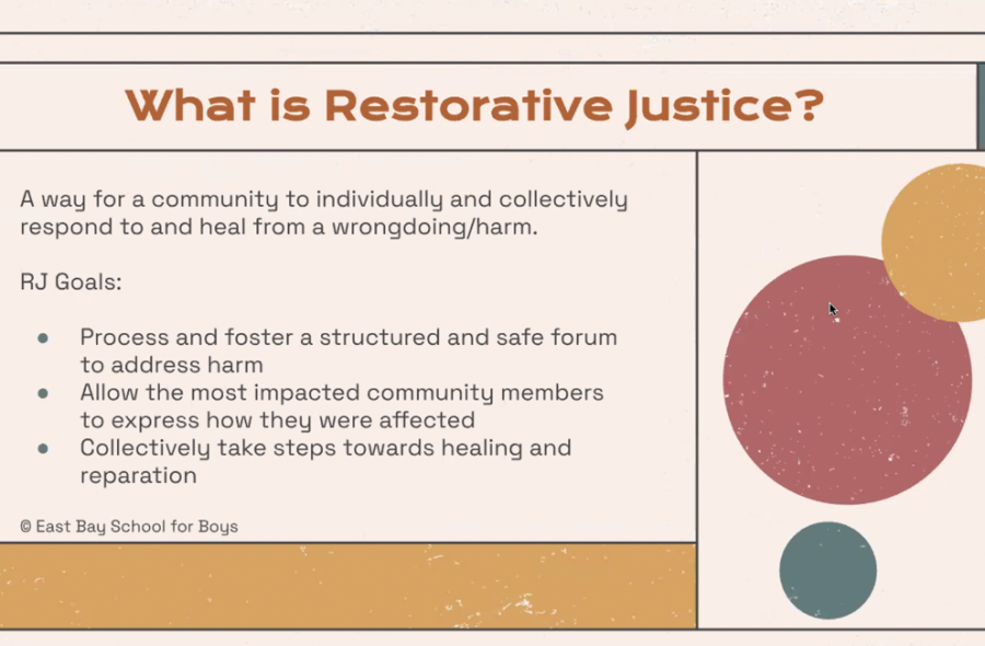 Hazell-OBrien presents on the restorative justice plan during an all school meeting. This was the first of many meetings towards restorative accountability.