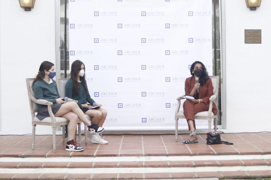 Juniors Rose Sarner and Charlotte Tragos facilitate the Q&A event with Councilmember Nithya Raman in the courtyard on Jan. 31. Raman spoke about her experience as an elected official and why she believes women should be leaders to Archers upper school.