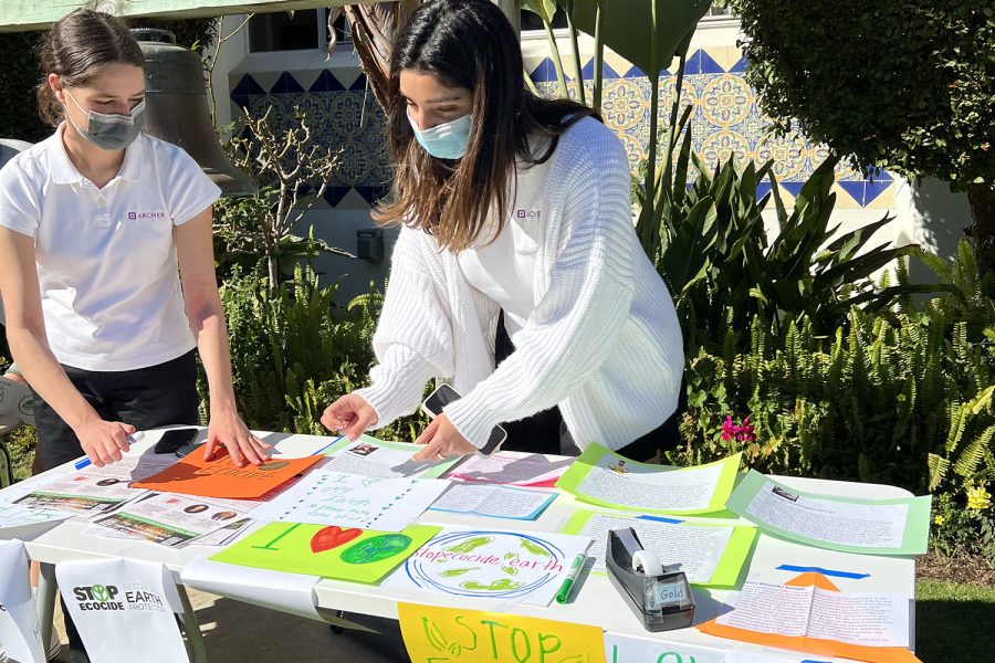 Student leaders Noor Afshar and Margaret Morris promote Ecocide and spread the word on climate activism. Students were able to sign petitions and make posters during the First Fridays event held in the courtyard. Tuesdays theme for Scholastic Journalism Week 2022 is #AmplifyYourVoice, highlighting the importance of student-involvement within their school communities.