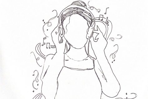 Depicted in this drawing is an image of a girl listening to music. For many, music is a way to express oneself and often times escape from reality. Representation for Asians in media is so important, and through music is one of many ways we can continue to support Asian people as artists and creators.