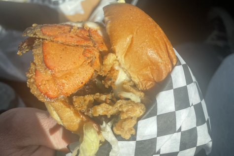 The Surf and Turf burger is topped with a whole fried lobster tail, crispy onions, lettuce and a perfectly toasted bun. This was definitely the star of the menu and worth every penny.