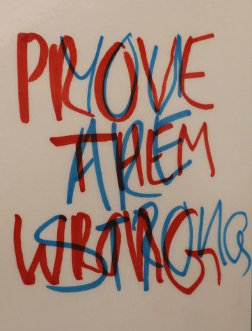 This poster was put up on the back of a bathroom stall along with other uplifting posters that promote mental health awareness. The poster reads "prove them wrong." This poster was put up on the back of a bathroom stall along with other uplifting posters that promote mental health awareness. The poster reads "prove them wrong."