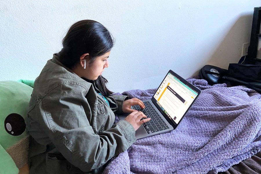 Sophomore Maia Alvarez works on her Google Slides presentation at home for student-led conferences. While some students have chosen to create formal presentations, like Alvarez, others have decided to create talking points to discuss or use artifacts to discuss the progress they have made throughout the year.