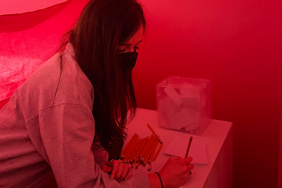 Junior Charlotte Tragos considers the complexities of the What is Love? exhibit and what it means to her. Junior Cira Mizel created a space where students and faculty can interact and reflect on the subject of love.