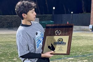 Thiagarjan poses with his Division 7 CIF championship plaque. I do not get as much sleep as I should so I am usually very, very tired during school. Thiagarajan said.  As an athlete, I have to have very good grades to play and when I do play [especially as goalie], my games have to be perfect.