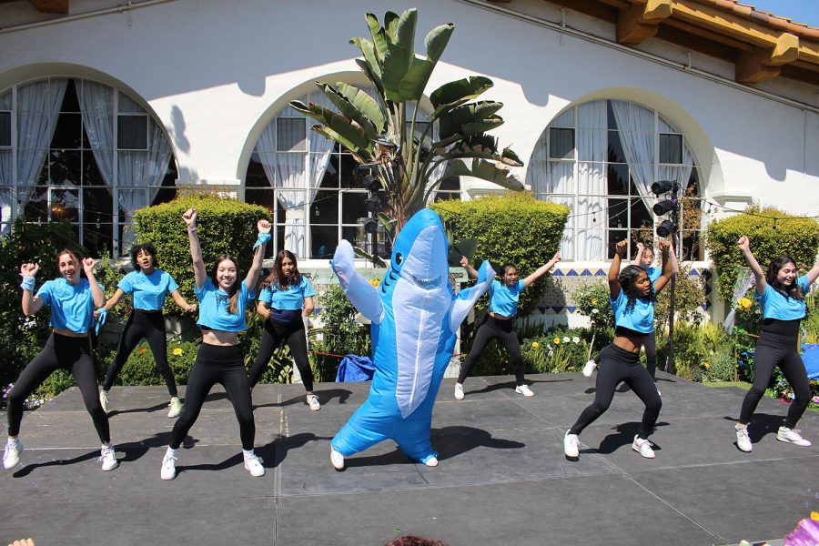 The+senior+team+performs+with+their+grade+mascot%2C+the+shark.+Many+students+showed+up+to+support+their+classmates+and+watch+the+dances.+%E2%80%9CIt%E2%80%99s+a+hard+process+but+the+end+goal+is+really+good%2C%E2%80%9D+senior+Naya+Ben-Meir+said.+%E2%80%9CI+also+love+how+spirited+the+whole+day+is.%E2%80%9D