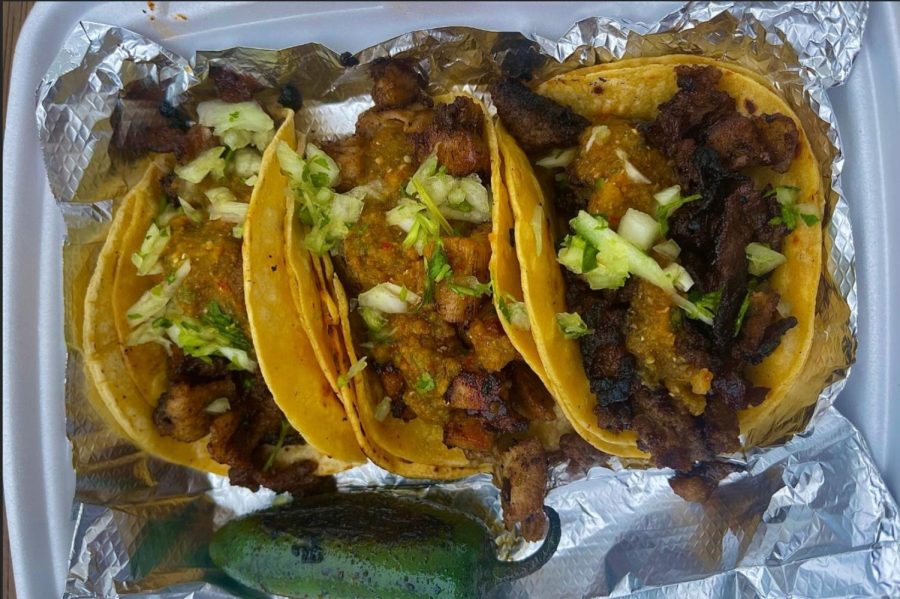The pork (left), chicken (middle) and brisket (right) tacos in all of their glory. They are served with a charred green pepper that gives each taco a nice kick of spice.