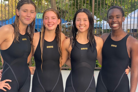 Swimmers Thea Leimone (’22), Chloe Resnick (’24), Amelia Hines (’24) and Lacey Thompson (’24) compete in the CIF Division 2 finals in Mission Viejo May 6. This was the team’s first time competing in the event. “Even though it was about results — and that’s what you’ll see in the weekly emails — the biggest part of the swim season is being together and being a part of a team,” Hines said.
