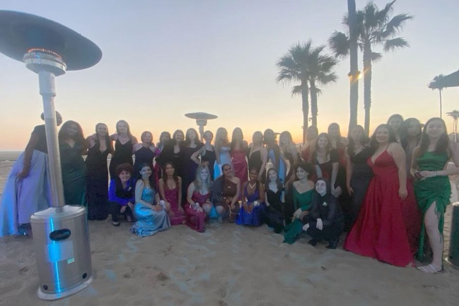 Students from the senior class pose in the sand at prom. The event was held Saturday, April 23, at the Jonathan Beach Club. “Everyone looked so beautiful. I’m going to miss everyone, so I’m glad that we got to spend time together,” senior Layla Huber-Verjan said.