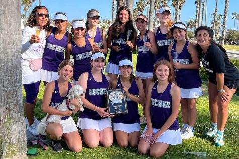 The middle school purple tennis team celebrates after finishing as runner-ups at the Pacific Basin League Finals with Head Coach Paula Feignbaum and Assistant Coach Sydney Streimer.  “Wanting to see your teammates succeed, you’re not really focused on yourself,” Sepalla said. “There was a little bit of anxiety surrounding going into the finals because I don’t think anyone had ever done anything like that before. But, when we got there, we knew that our nerves would settle because we were there together. We weren’t on our own.” 