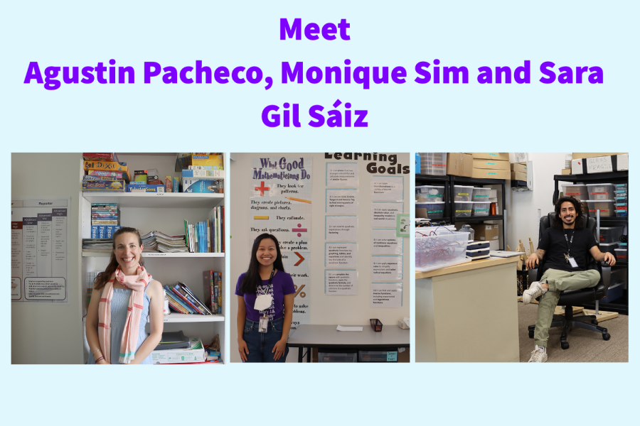 Sara Gil Sáiz, Monique Sim and Agustin Pacheco pose for pictures in their classrooms by books, games, posters and equipment for their classes. The Oracle sat down with the three new faculty members to discuss their first weeks at Archer.